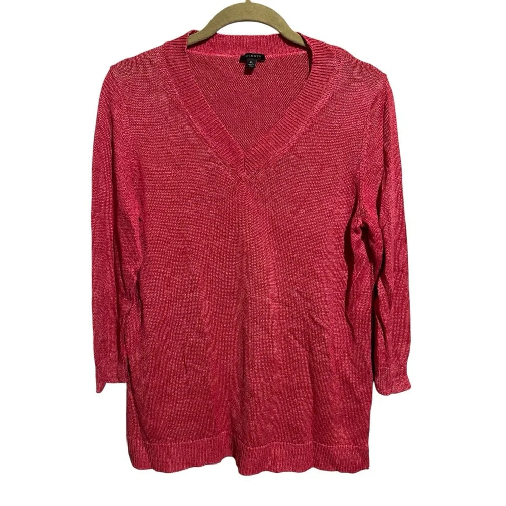 Talbots 100% Linen Sweater Raspberry Pink V-Neck Women’s Size XL